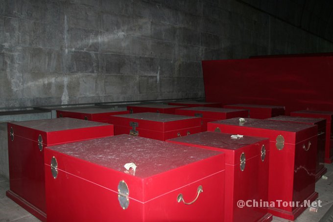 Boxes containing various items found in the rear chamber of the tomb.